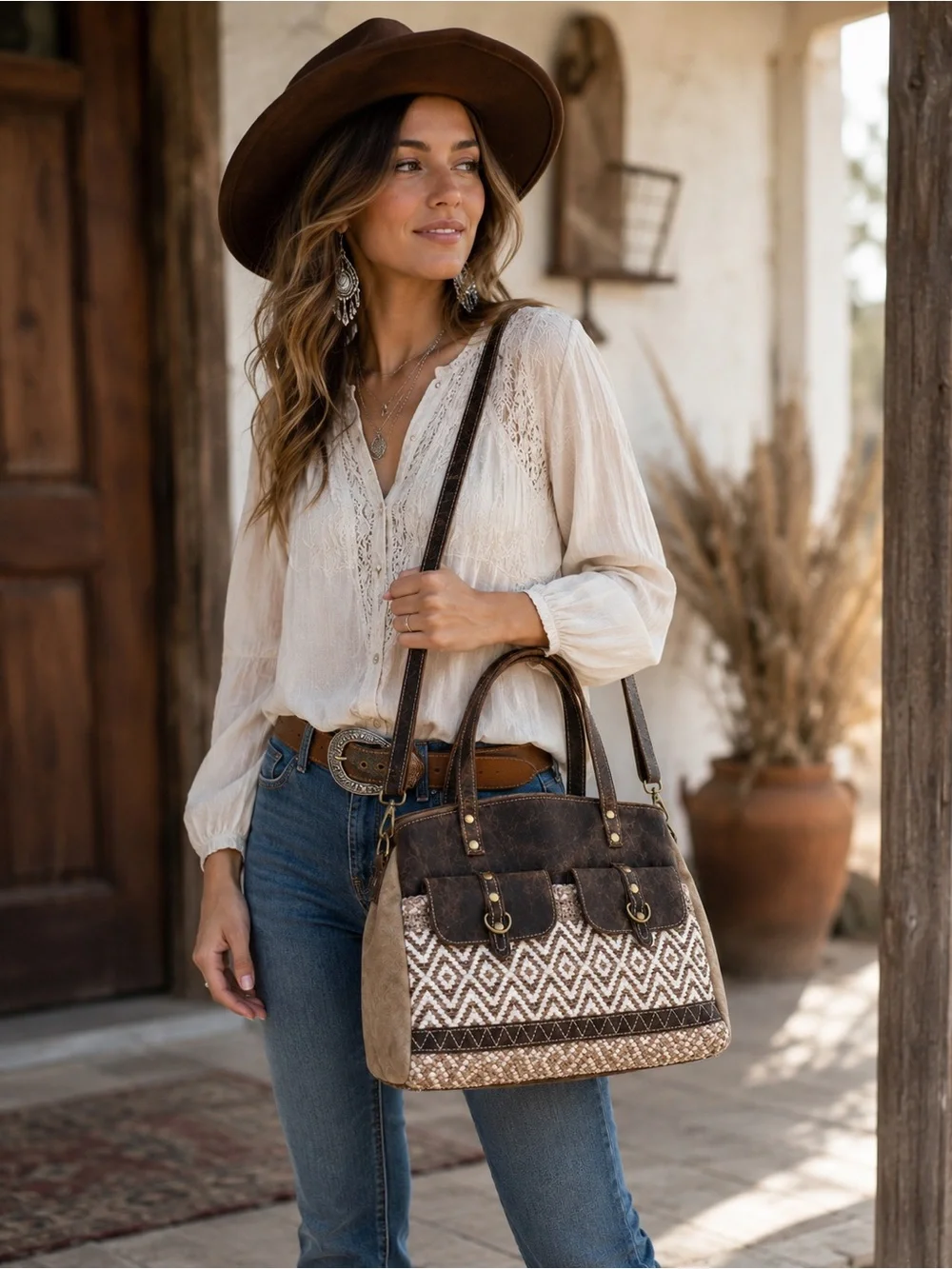 Myra Cherish Tote Brown Leather Canvas Woven Crossbody Shoulder Bag